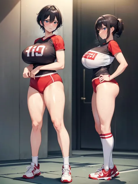 (best quality,4k,8k,highres,masterpiece:1.2),ultra-detailed,realistic:1.37,(Japanese woman:1.1),(A female volleyball player standing against a wall,Shes taking off her bloomer and exposing her underweAr, Im tiping my clothes and exposing my tit),(lanky, le...