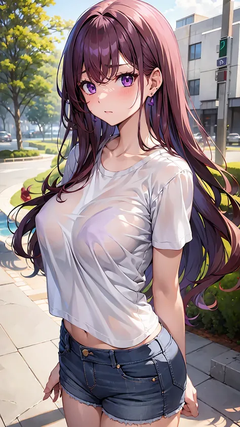 detailed face、long eyelashes、detailed eye、crimson long hair、wavy hair、(purple eyes:1.3)、(dark red hair)、big breasts:1.5、Close your chest、embarrassed look、1 woman、25 years old、human、earrings、high quality、thighs、shiny skin、denim shorts、Sunny sky、Lawn Park、le...