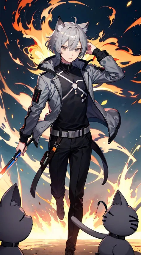 Wallpaper phone，anime characters，Two-dimensional image，panoramic，full body portrait，telephoto lens，8k，best quality，a boy，young people, Gray curls, bob hairstyle, brown eyes, cat ears, gray combat jacket, breeches,, fire saber, masterpiece, high quality, 4K...