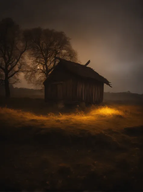 Stary night with steams blowing from left to right, tree is brown, yellow is a beautiful color, collorblinde nature. , decayed shelter of a puur Shepard , detailated, insane rezolution, ultra sharp rezolution, awarded photography,