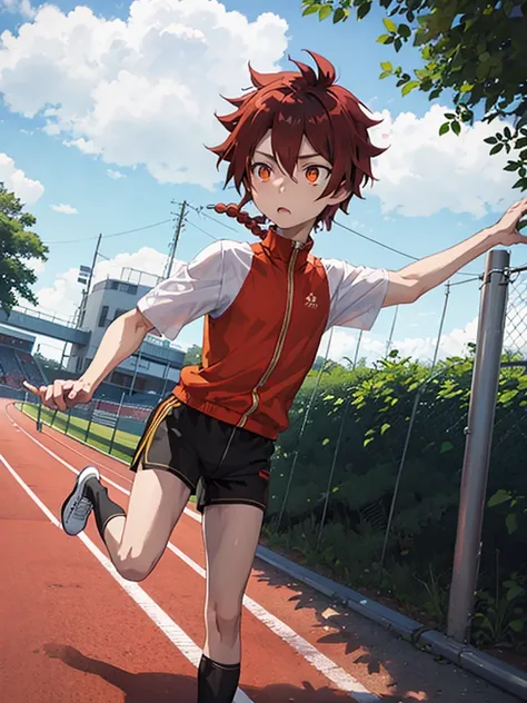 Wallpaper phone，The best picture quality，8k，full body portrait，panoramic，telephoto lens，anime characters，Two-dimensional image，Alexander Fugo,Delicate orange eyes， 1 boy,  white socks, white sneakers, orange short pants, orange color shirt, running,track a...