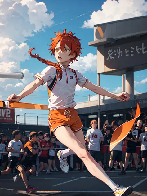 Wallpaper phone，The best picture quality，8k，full body portrait，panoramic，telephoto lens，anime characters，Two-dimensional image，Alexander Fugo,Delicate orange eyes， 1 boy,  white socks, white sneakers, orange short pants, orange color shirt, running,track a...