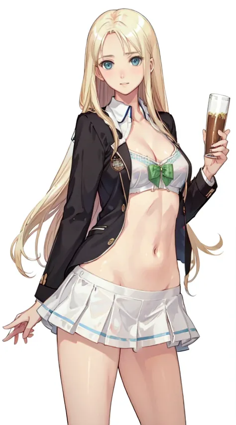 blonde hair, long hair, blue eyes, Happy, school uniform, short skirt,White underwear fully visible、 Medium chest, cleavage, classroom, slim legs, belly button, 脱いだschool uniform、I rolled up my skirt、Bewitching、sexy、