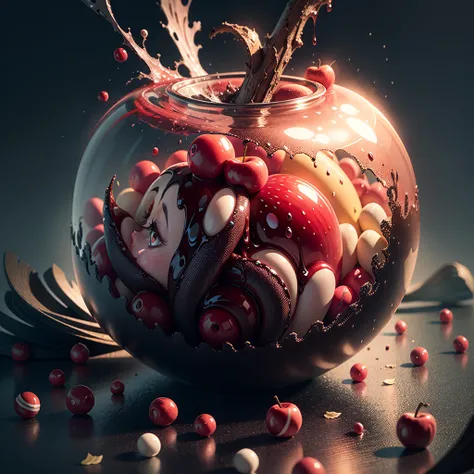 candy red apple dripping liquid peppermint. hyperrealism, beautiful digital artwork, 8k stunning artwork, beeple artwork, fairy fruit. octane render, 4k highly detailed digital art, pace girl| standing alone on hill| centered| detailed gorgeous face| anime...