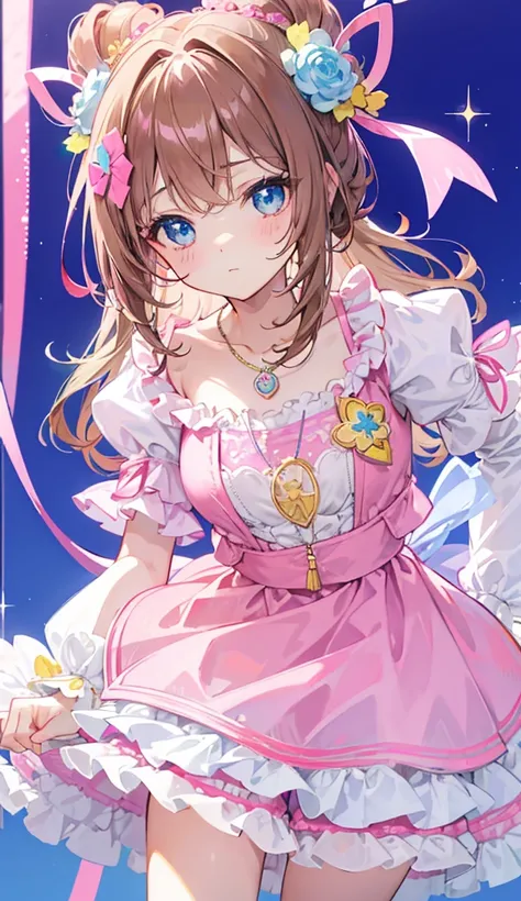 Colorful light background，short fluffy brown hair，Has a clear gum texture with a bright pinkish-purple con pink、Wear yours in blue and white，Yellow and green，Cyan Matching Accessories Pendant Decoration，This is a very sweet and sweet girl, valentine theme,...