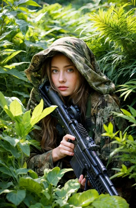 A 4K picture of a female sniper hiding in a foliage, wearing ghillie suit, deep colors, masterpiece, soft lighting and ambience, (god rays)