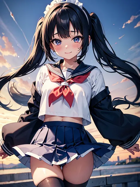 (masterpiece: 1.3), (highest quality:1.4), ultra high resolution, (fine eyes), (detailed facial features), (Detailed features of clothing), HDR, 8K resolution, A high school girl who took off her sailor suit, anime 2d rendering, white headband, smile, blac...