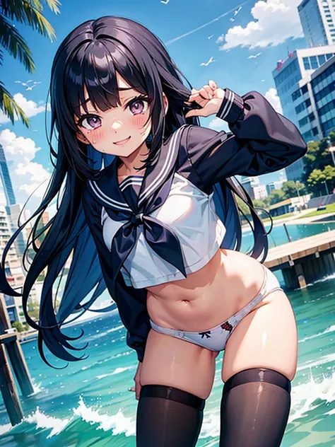 A high school girl who is about to take off her sailor suit, anime 2d rendering, white headband, smile, black hair, straight hair, medium long hair, navy blue sailor uniform, black stockings, school scenery, small face, trot, Fully exposed underwear in the...