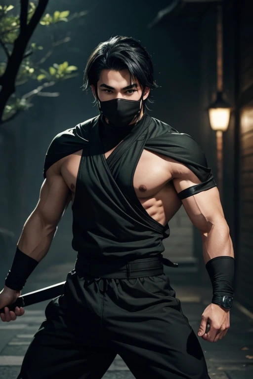 a young male ninja aged 18, athletic and well-muscled body, green eyes, black hair, ninja outfit