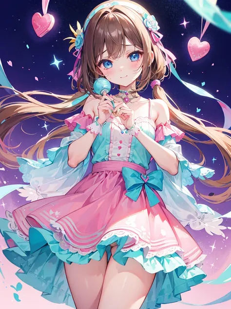 Colorful light background，short fluffy brown hair，Has a clear gum texture with a bright pinkish-purple con pink、Take off yours in blue and white，Yellow and green，Cyan Matching Accessories Pendant Decoration，This is a very sweet and sweet girl, valentine th...