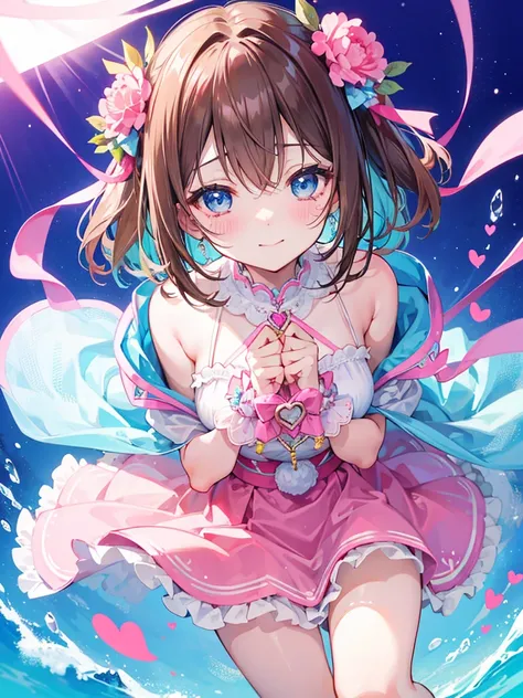 Colorful light background，short fluffy brown hair，Has a clear gum texture with a bright pinkish-purple con pink、Take off yours in blue and white，Yellow and green，Cyan Matching Accessories Pendant Decoration，This is a very sweet and sweet girl, valentine th...