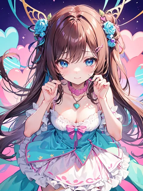 Colorful light background，short fluffy brown hair，Has a clear gum texture with a bright pinkish-purple con pink、Take off yours in blue and white，Yellow and green，Cyan Matching Accessories Pendant Decoration，This is a very sweet and sweet girl, valentine th...