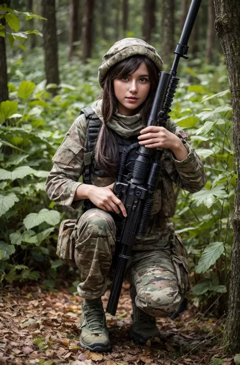 4K image of female sniper hiding in leaves.., Put on a Gilly outfit.., Wear sniper style camouflage. , Sniper camouflage Ghillie Suit, dark color, Masterpiece, Soft light and atmosphere, (god rays)