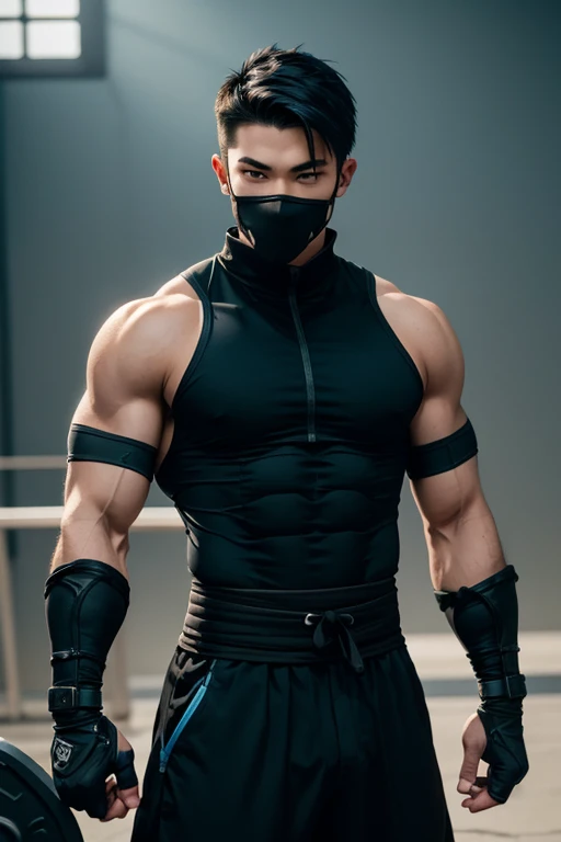 a young male ninja, 18 years old, American, athletic and well-muscled body, green eyes, short black hair, blue and black ninja clothes