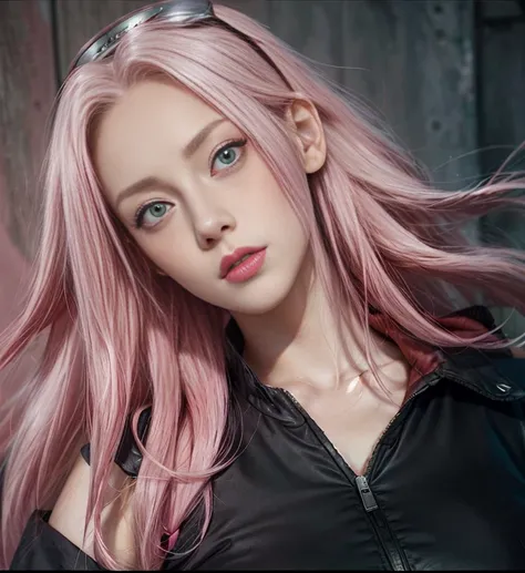 young woman, white skin, long bubblegum pink hair, wide forehead, pink eyebrows, large emerald green eyes, upturned nose, thick red lips, heart-shaped face, black clothing, high detail, sharp focus, Sakura Haruno, realistic, realism , 3d