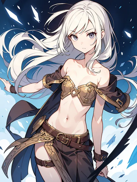 8K、best quality face、best quality eye、1 person、solo、teenage girl、 body、white hair、gray eyes、long hair、an expressionless face、flat chest、small breasts、slender、Dungeons & Dragons、western fantasy、Wizard Girl、Use magic to manipulate the wind、There is a strong ...