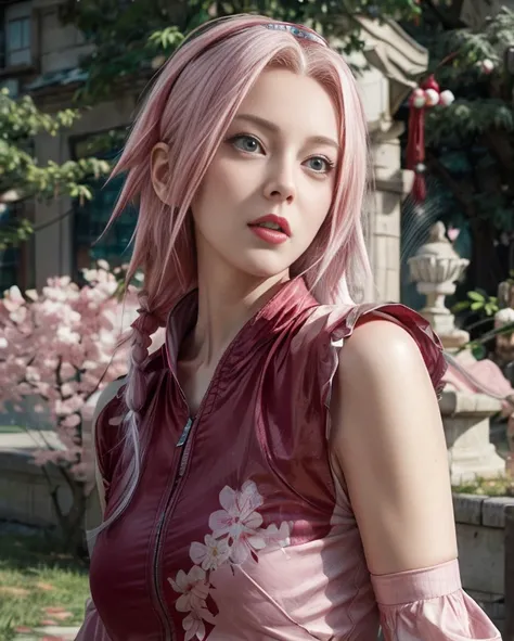 young woman, white skin, long bubblegum pink hair, wide forehead, pink eyebrows, big emerald green eyes, upturned nose, thick red lips, heart shaped face, red clothes, high detail, sharp focus, Sakura Haruno, realistic, realism , 3d