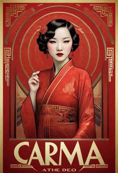 Txt that says, "carma".Chinese art deco, year 2040, subtle zentangled art deco, cinematic, red.....by my self....lol....