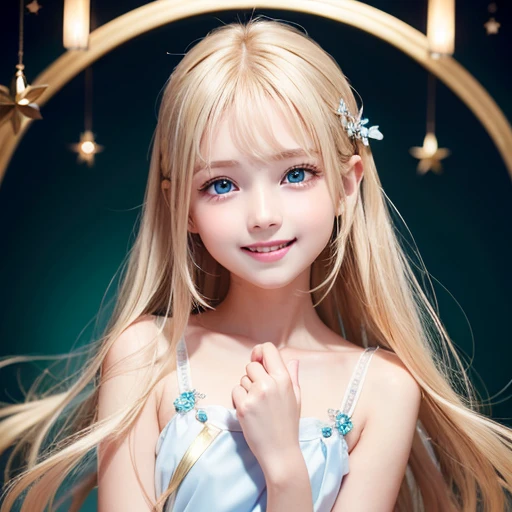 shiny skin、 Very cute and beautiful face、Very shiny and beautiful skin、very beautiful and cute pale blue eyes、beautiful very long shiny silky blonde hair、（10 years old）、one small very beautiful cute girl、Beautiful cute bright look、Clear double eyelids、((Ve...