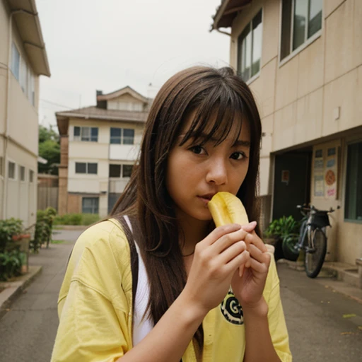 On the bike、smelling a small banana、high school girl