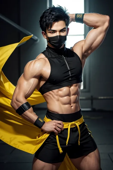 a young male ninja, 18 years old, American, athletic and well-muscled body, green eyes, short black hair, yellow and black ninja clothes