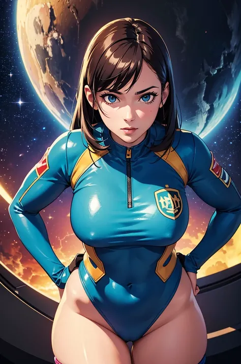 (best quality,4k,8k,highres,masterpiece:1.2),ultra-detailed,(realistic,photorealistic,photo-realistic:1.37),anime girl fantasy,sci-fi,space suit,big,front view,solo photo,thick hair,thick thighs,standing,thick legs,colorful,powerful lighting,deeper shadows...