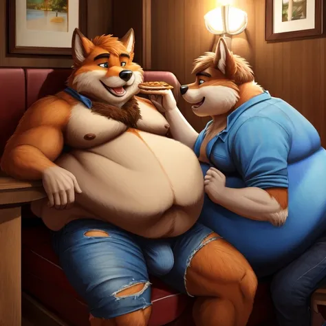 2 Male, two males, mates, father and son, young and older, incest, male on male, twosome, couple, duo, feeding, feeder, feedee, force feeding, shoving food in mouth, gainer, gainerart, anthro, Orange Fox, older male, relaxed expression, happy expression, b...