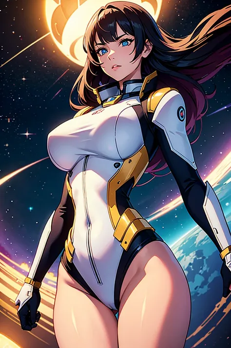 (best quality,4k,8k,highres,masterpiece:1.2),ultra-detailed,anime girl fantasy,sci-fi,space suit,big,front view,solo photo,thick hair,thick thighs,standing,thick legs,colorful,powerful lighting,deeper shadows,sharp focus,detailed facial features,sparkling ...