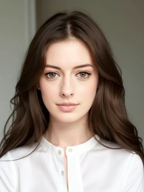 arafed woman with long brown hair and a white blouse, anne hathaway, attractive female face!!!, most beautiful woman on earth, natural soft pale skin, porcelain skin ”, flawless face, with very thin lips, beautiful fine - face, clean beautiful face, perfec...