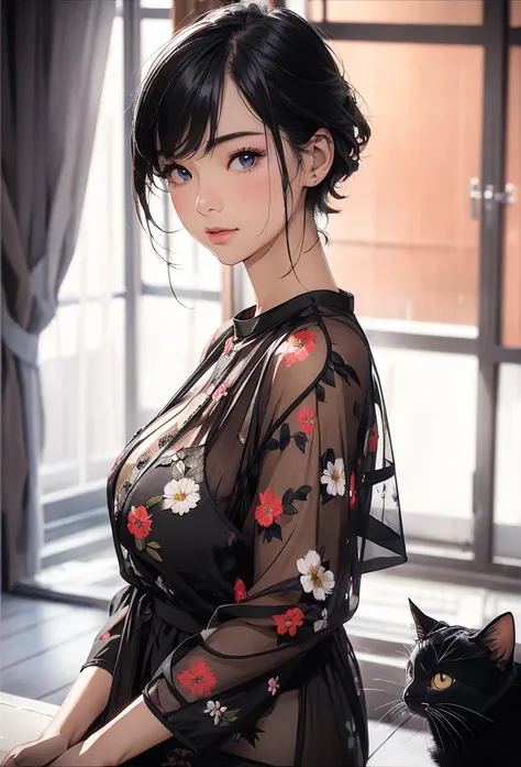 (8k、Realism、original photography、top quality: 1.3)、(1 girl in)、super beautiful、(serious)、(childish、Natural color berry shorthair cat)、T-shirt with open chest、lace，Engage your audience、beautiful expression、Beautiful big、Lover&#39;s perspective、（real skin）、b...