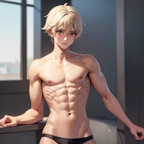 A boy with a slim body with a good physique, solo con calzoncillos, de cuerpo completo, anime