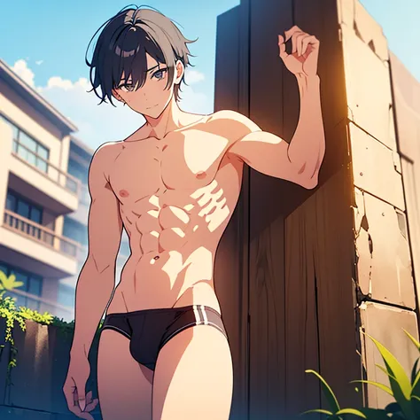 A boy with a slim body with a good physique, solo con calzoncillos, de cuerpo completo, anime