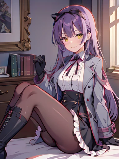 highest quality,inside the bedroom, on the bed, sitting, spread your legs, figure, disorganized, (1 girl), (alone), (beautiful detailed girl), Len Bright, yellow_eye, purple hair, long hair, Broke up_前hair, hair_ribbon, black coat, white shirt, pantyhose, ...