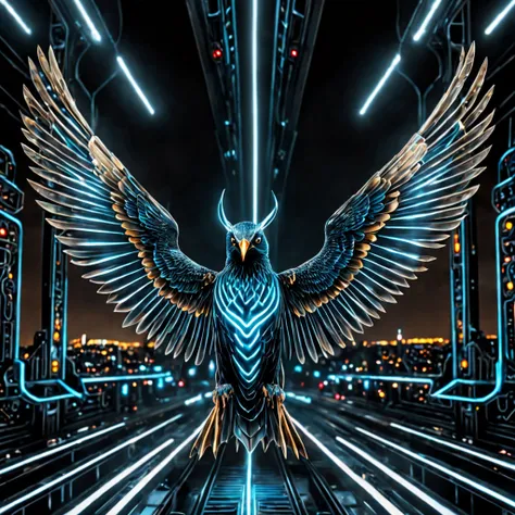 (((One starling bird))) sleek (aerodynamic). The ray-traced ((shiny metallic)) photo-realistic bird in ((cool colors)) spreads two large wings to fly with open beak, ((symmetrical tail fanned)) out. The background is a dark neon futuristic city or mountain...