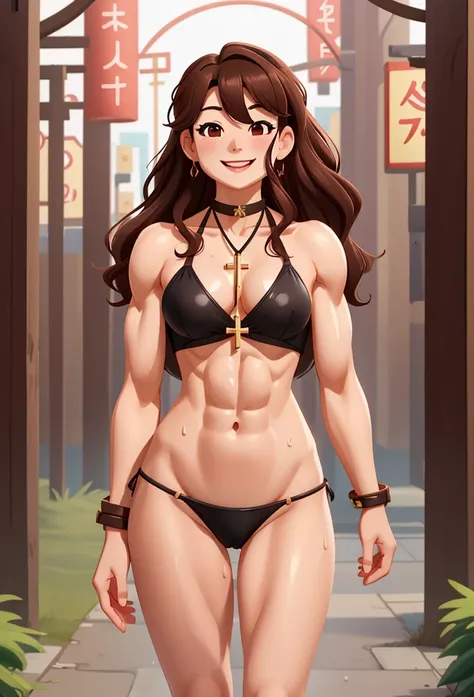 attractive korean woman, ripped muscle, muscular body, small breast, pale skin, smile, nude, stocking, cross necklace, sixpack abs, [ultra detailed skin:1.2], brown hair, wavy hair, 8k uhd, pussy, full body, crowd, public, temple, standing, sweat,