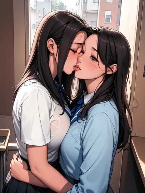 masterpiece, 4k, high quality, highly detailed, detailed face, HDR, vivid colors, natural lighting, at school, 2 girls, friends, looking to each other, heads together, (kissing), medium breasts, long hair, open hair, (embarrased face, happy face), shy, fro...