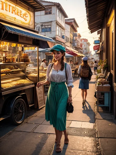 A beautiful woman donning spring costume and newsboy cap walks on a sidewalk of the town with radiant positive expression, insanely detailed roadside street food stalls and coffee shops, vibrant early evening scene, photorealism in Don Lawrence illustratio...