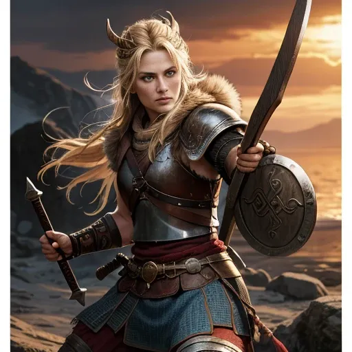 an image depicting in detail a Viking warrior, she is wild, but beautiful