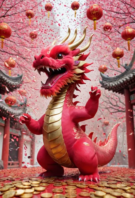 Chinese Lunar New Year has arrived，baby oriental dragon，hairy body，big furry head，pink，Silly dragon，interesting。Many gold coins burst out from firecrackers，Red and gold confetti flying in the sky，Gold coin rain，A strong festive atmosphere，It was very livel...