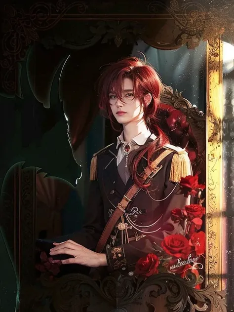 picture of a man with long red hair and a sword wear commandanuniform, beautiful androgynous prince, handsome guy in human art, anime background