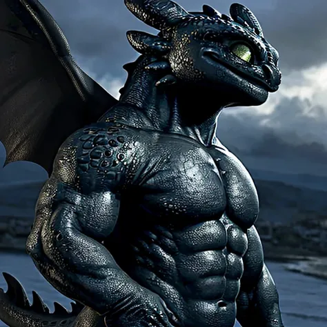 toothless night fury furry body all black and toothless. muscular body and chest also all scaly with realistic photo. also black...