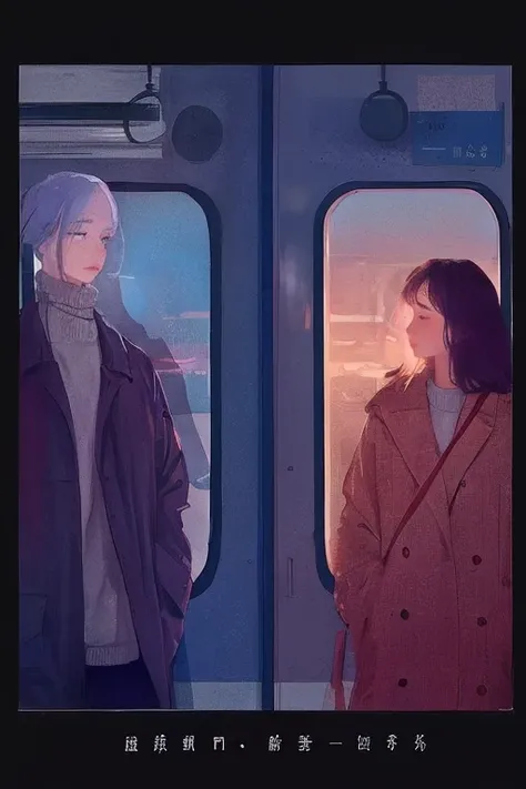 Two people standing side by side on a train, nostalgic melancholic artwork, Woman looking at the scenery outside the window in front of the subway door,A man looking at the woman,vivid colors, soft focus, Light leakage, dreamy winter atmosphere, experiment...