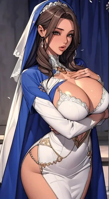 （tmasterpiece：1.3），（big breasts beautiful，astounding：1.2），（best qualtiy：1.3），（ultra - detailed：1.2），2girls，full bodyesbian，Wearing a white wedding dress，(covered nipples:0.9), sagging breasts,Only cleavage leaks，（Super detail skin：1.2），（glistning skin：1.1）...