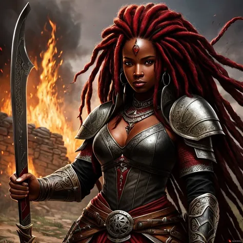 Medieval black woman, warrior, Fantasy Genre, RPG, game, realistic image, great quality,red dreads