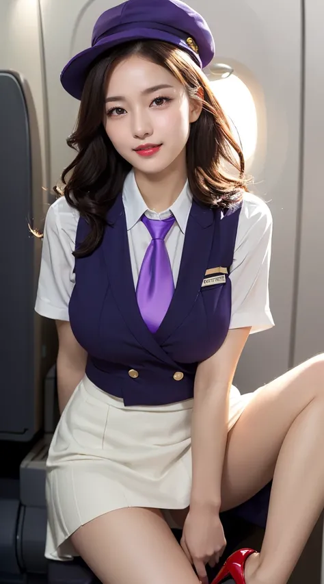 (((full body,including legs、opened legs apart)))、(((perfect uniform of Japanese stewardess, perple uniform,necktie, purple vest-dress uniform、purple small hat, (black high-heel),  little smile,white blouse,tight blouse、purple tight skirt))), white gloves, ...