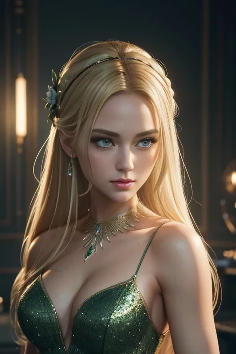 Immerse yourself in the elegance and sophistication of a beautiful blonde girl with captivating sparkling green eyes. Utilize 3D techniques and Octane rendering in 8K resolution to create a hyper-realistic portrayal of her detailed face. The intricate shar...