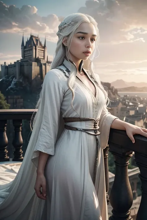 oil painting of (koh_emiliaclarke), (long hair:1.1), (standing in a balcony), (white tunic:1.1), perfect thighs, (game of thrones castle in the background:1.2), atmospheric lighting, cinematic composition, concept art, digital illustration, detailed, art b...