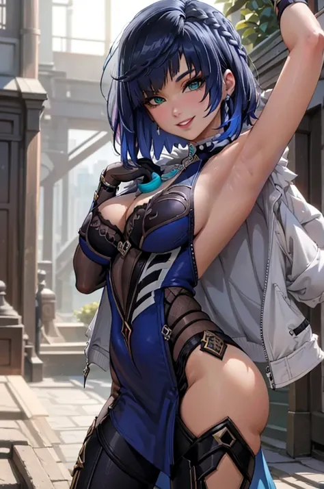 (masterpiece), (highres), yelan, 1girl, solo, looking at viewer, smile, short hair, large breasts, black hair, gloves, dress, jewelry, medium breasts, green eyes, blue hair, jacket, braid, parted lips, sleeveless, elbow gloves, armpits, mole, grin, arm up,...