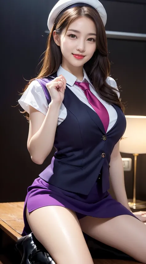 (((full body,including legs,sitting down,opened legs apart)))、(((perfect uniform of Japanese stewardess, necktie, purple vest-dress uniform、purple small hat, (black high-heel),  little smile,white blouse,tight blouse、purple tight skirt))), white gloves, sh...