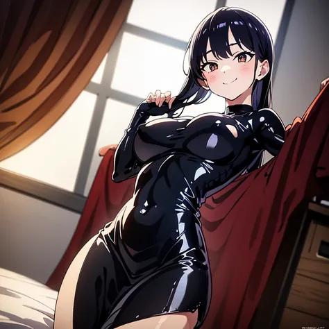 8k, highres, ultra detailed, (masterpiece:1.4), best quality, symmetrical body, adult woman, (fancy and sexy latex dress:1.4), choker, cute, solo, earrings, long hair, dark purple hair, brown eyes, glow effect, finely eye detailed face, looking at viewer, ...